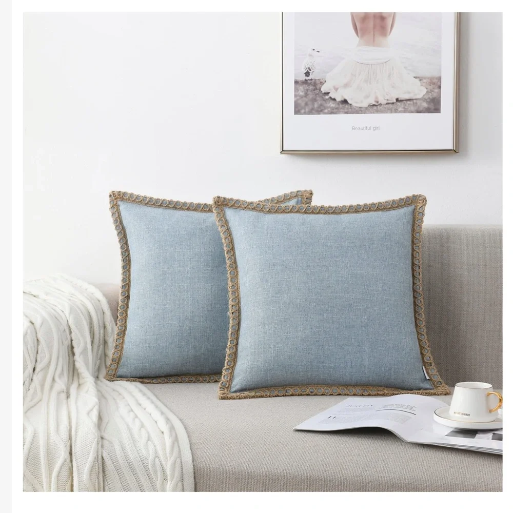 Blue LINEN Pillow Covers with Tan BURLAP Trim SQUARE 18x18” (2-Pack)